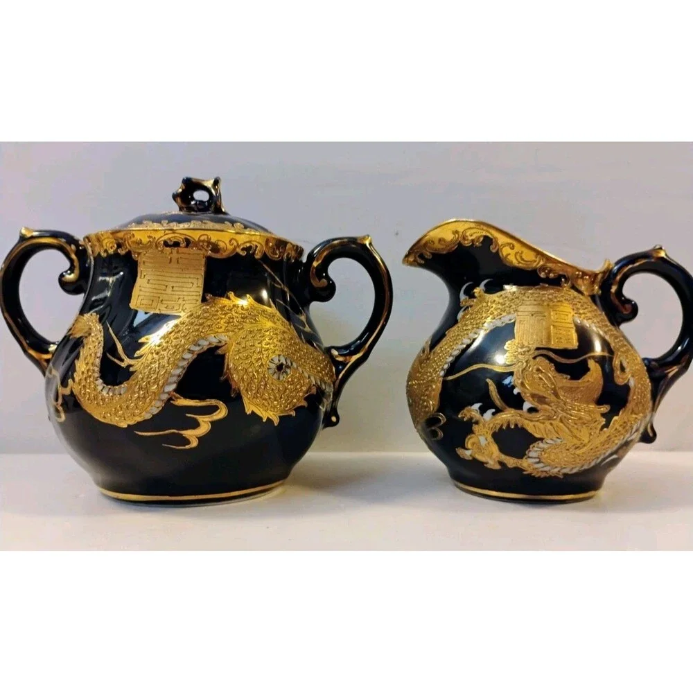 Vtg Chinese Fuzhou Lacquer Dragon Creamer & Sugar Bowl Set Black Gold Collect